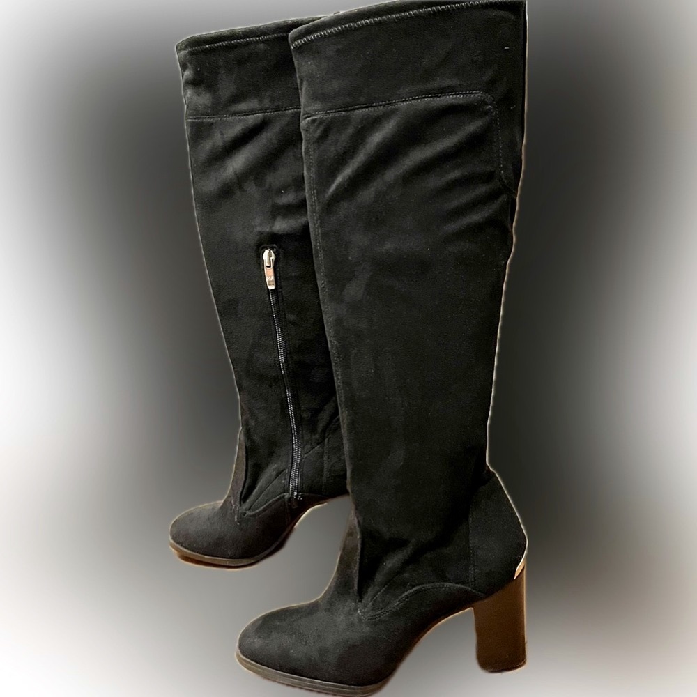 Marc Fisher suede black knee high boots - only worn once, gold accents